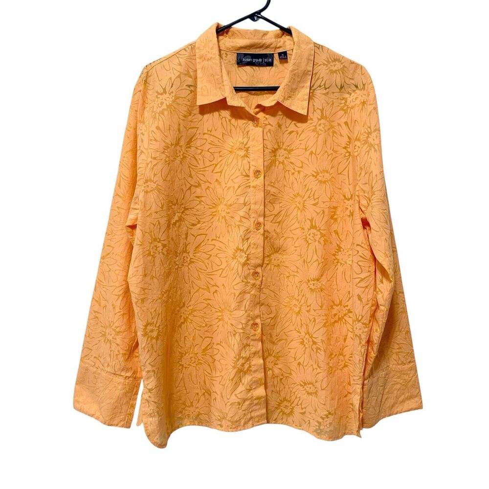 Susan Graver Orange Floral Button Up Shirt Size XL Sheer Long Sleeve Classic